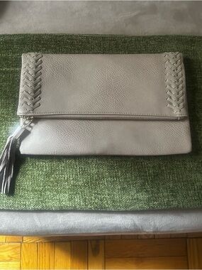 Neutral Leather Fold-Over Clutch with Braided Detail